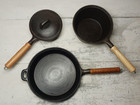 Vintage Cast Iron 4 Piece Wood Handle 10 1 2  Skillet 2qt   1qt lid Sauce Pans