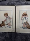 Vintage Girl Puppy Cross Stitch Style Wall Art Paired Framed Nursery Cottagecore