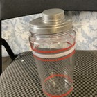 Vintage Glass Cocktail Shaker Red   White  Striped Metal Lid And Cap Lg 