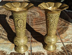 19th Century Pair Of Indo Persian Engraved Brass Trumpet Vases Antique 26 Cm