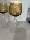 Vintage Amber Etched Stemmed  Glasses  Pair With Clear Stems  Set Of 2 