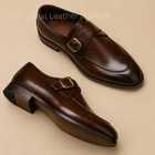 Monk Strap Brown Leather Handmade Men Wedding Function Comfortable Dating Shoes