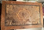 Large Vintage Italian Florentine Wood Chest Box Gold Gilt Monogram H Blue Velvet