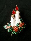 Vintage Christmas Pin Candle W Holly   Berries White Red Green Enamel Holiday