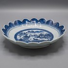 Chinese Export Porcelain Blue Canton Scalloped Bowl 10  19th Century Antique