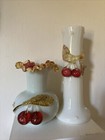 Set Of  2  Antique Victorian Era Blown Art Glass Vase Applied Cherry Fruit  flaw