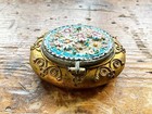 Antique Brass With Micro Mosaic Hinged Pill   Trinket Box Etruscan Work As Is