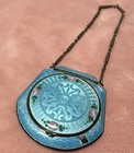 Antique Guilloche Enamel Compact W Chain Mirror Vanity Powder Rouge Art Deco Vtg