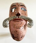 Very Old Mexican Folk Art Hand Carved Wood Moro Spaniard Mustache Man Dance Mask