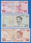 Turkey Set - 10 20 50 Turkish Lira 2021 2022 P-223f 224f  225e  Unc Banknotes