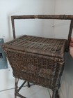 Vintage Primitive Wicker Rattan Sewing Box Basket Stand With Lid