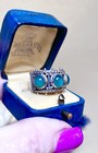 Beautiful Vintage Italian  800 Silver Green Chalcedony Ornate 3-stone Band Ring