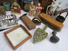 Vintage Junk Drawer Lot Collectible Figurines Wood Brush Trivet Mini Iron Pestle