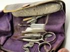 Antique Pink Leather Manicure Set Kit  Mother Of Pearl Handle Travel S36
