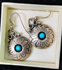 Vintage Signed Vv Navajo Sterling Silver Turquoise Shadowbox Concho Earrings