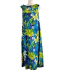 1970s Vintage Green-blue Cotton Floral Luau Maxi Dress Made In Hawaii Med 