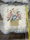 2 Vintage Needlepoint Pillows Floral Bouquet Lace Linen Cottagecore 12    Square