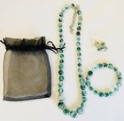 Jade Green Color Glass Beaded Jewelry Set Necklace Bracelet Earrings Nos