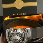 Men   s Black Dress Belt Silver Tone Tiger Head Rhinestone Buckle Adjustable S