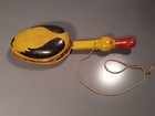 Antique Tin Litho Waddle Duck Pull Toy Wooden Wheels Old Antique Yellow Works