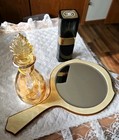 Vintage Pearl Golden Handheld Metal Mirror   2 Perfume Bottles Vanity Lot 