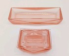 Art Deco Cc1930s Pink Peach Depression Glass Vanity Dresser Set Dish  Lid  Tray 