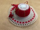 Vintage Tomato Pin Cushion With Plastic Doilie Around The Bottom And Top