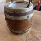 Antique Victorian Uk 6    Oak Biscuit Barrel W brass  Hardware   Ceramic Liner