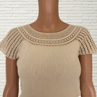 Vintage 70s Crochet Top Cream Cotton Gauze Ribbed T Shirt Baby Tee Hippie Boho