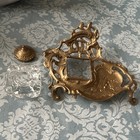 Brass Ornate Inkwell Stand With Glass Inkwell Insert And Lid