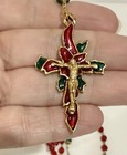 Vtg Enameled Rosary Red Green Faceted Glass Beads Christmas Crucifix 23   