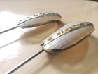 Antique Vintage Set 2 Hat Stick Pins Mother Of Pearl Shell  gold Etch 5  Shaft 