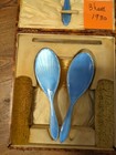 Antique Sterling English Vanity Set With Blue Guilloche Enamel Fitted Case Brush
