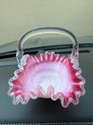 Fenton Pink   White Glass Basket W silver Mica   Twisted Handle
