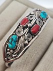 Vintage Navajo Sterling Silver Turquoise   Coral Handmade Cuff Bracelet