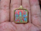 Nepal Tibet Buddhist Gilt Copper Square Green Tara Printed Thangka Pendant  a3 