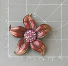 Vintage Large  Flower Brooch Pin In  Enamel On Metal With Crystals