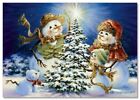 Family Snowman White Puppy Fairytale Christmas Tree New Modern Postcard