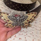 Vintage Womens Belt Size M Brown Rhinestone Butterfly Buckle Leather Studded
