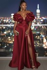 Off Shoulder Satin Evening Gowns Ruffled High Slit Formal Prom Party Dresses