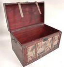 Vintage Style Decorative Storage Trunk Chest Antique Travel Print Leather Straps