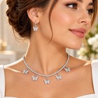 Butterfly Rhinestone Necklace Earrings Set Silver Tone Women Fashion Jewelry