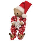 New Primitive Teddy Bear 23  Christmas Pajamas Red White Vintage Look Aged Look