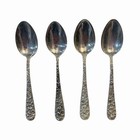 4 Antique Stieff Rose Repousse Sterling Oval Teaspoons 130g No Monogram 5 3 4   