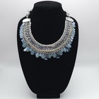 Vintage Chico s Crystal Blue Beaded Fabric Silver Tone Metal Bib Necklace