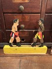 Vintage Folk Art Boxing Toy Hand Carved Painted Wood Not Working Folky