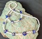 Unisex Vintage Blue Flower Glass   White Seed Bead 24  Beaded Trade Necklace