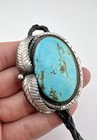 Vintage Navajo Sterling Silver Kingman Turquoise Stamped Feather Bolo Tie 2 1 8 