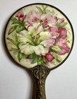 Antique Floral Porcelain   Embossed Brass Hand Mirror   Brush Vanity Set