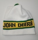 Vintage John Deere Knit Ski Beanie White Body Yellow Green Band Pom Pom 1970s 